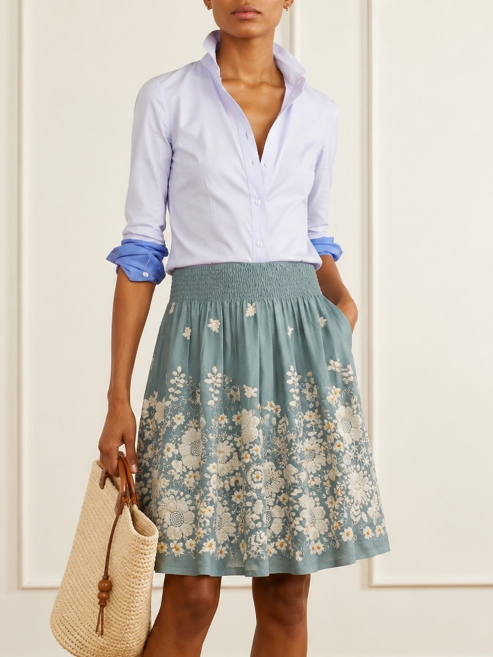 Embroidered Sage Green Circle Skirt with Smocked Waist (0142 Sage)